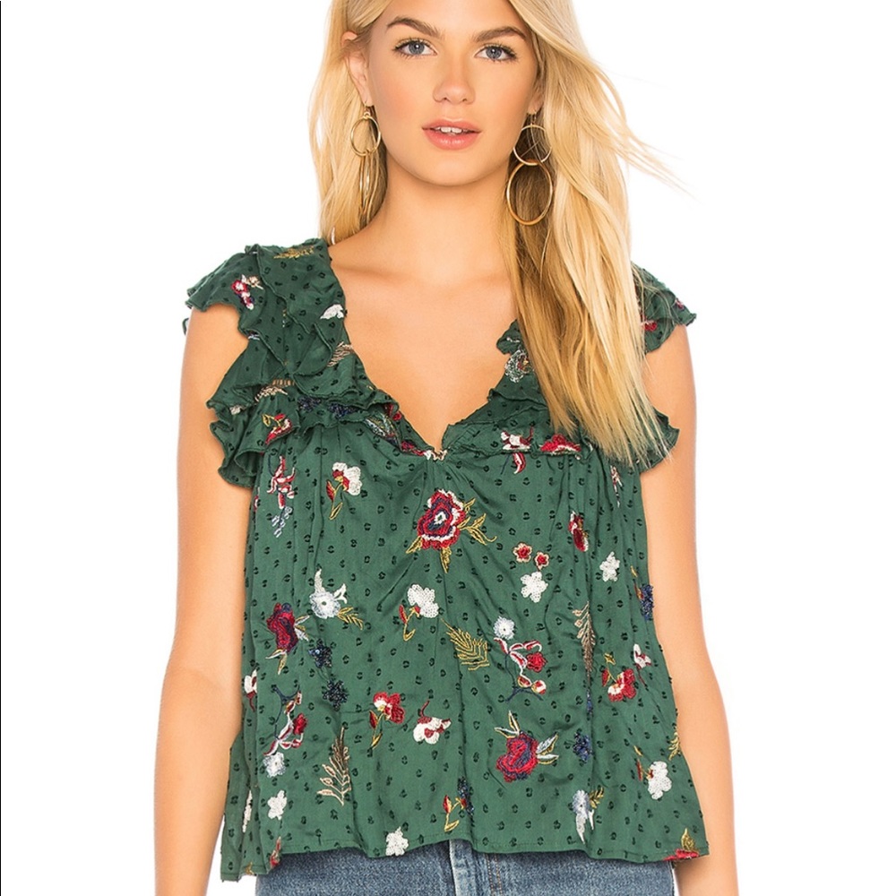 Tularosa Green Floral Ruffle Cap-Sleeve Blouse